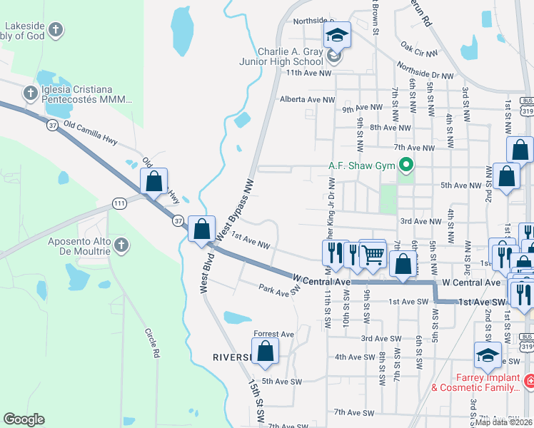 map of restaurants, bars, coffee shops, grocery stores, and more near 1310 Hallmark Drive in Moultrie