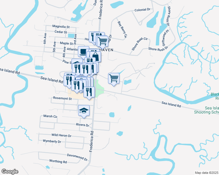 map of restaurants, bars, coffee shops, grocery stores, and more near 401 Sea Island Road in Saint Simons Island