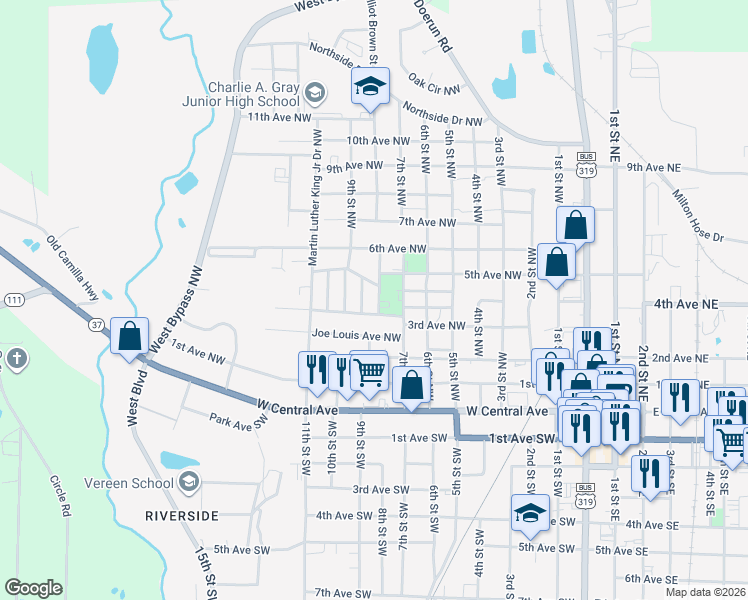 map of restaurants, bars, coffee shops, grocery stores, and more near 719 3rd Avenue Northwest in Moultrie