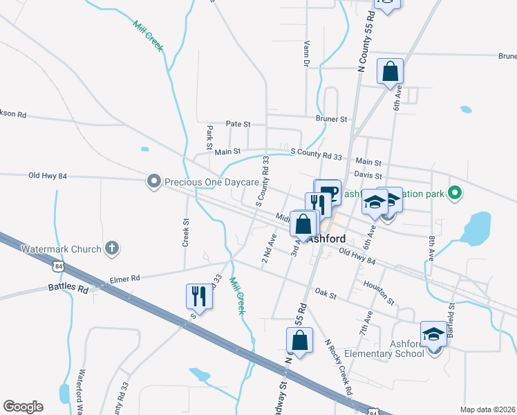 map of restaurants, bars, coffee shops, grocery stores, and more near 403 1st Ave in Ashford