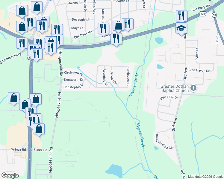 map of restaurants, bars, coffee shops, grocery stores, and more near 1271-1299 Avondale Dr in Dothan