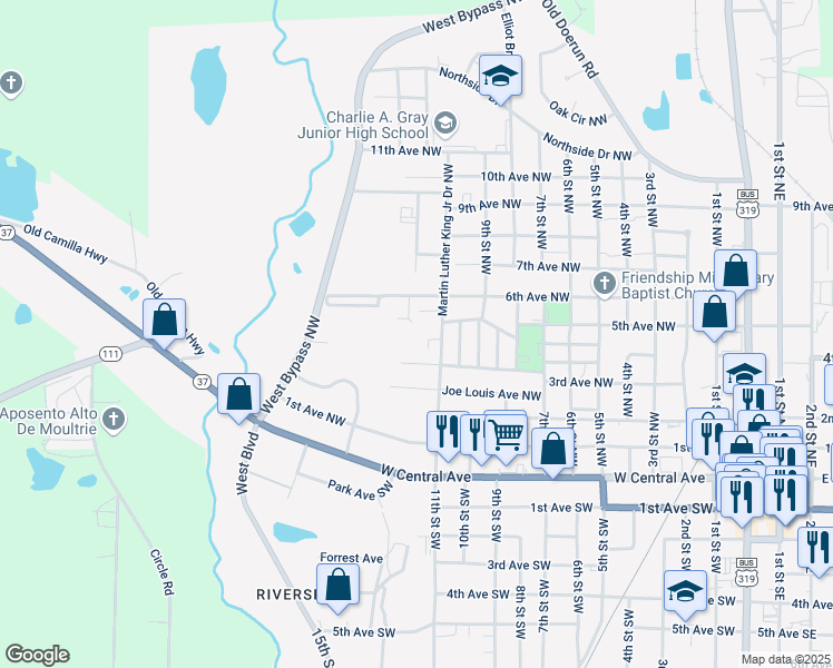 map of restaurants, bars, coffee shops, grocery stores, and more near 409 Martin Luther King Junior Drive Northwest in Moultrie