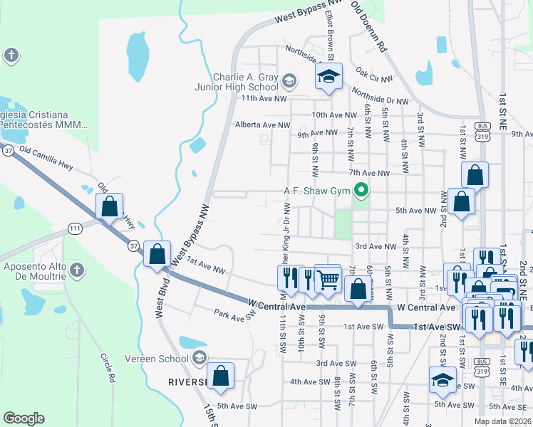 map of restaurants, bars, coffee shops, grocery stores, and more near 409 Martin Luther King Junior Drive Northwest in Moultrie
