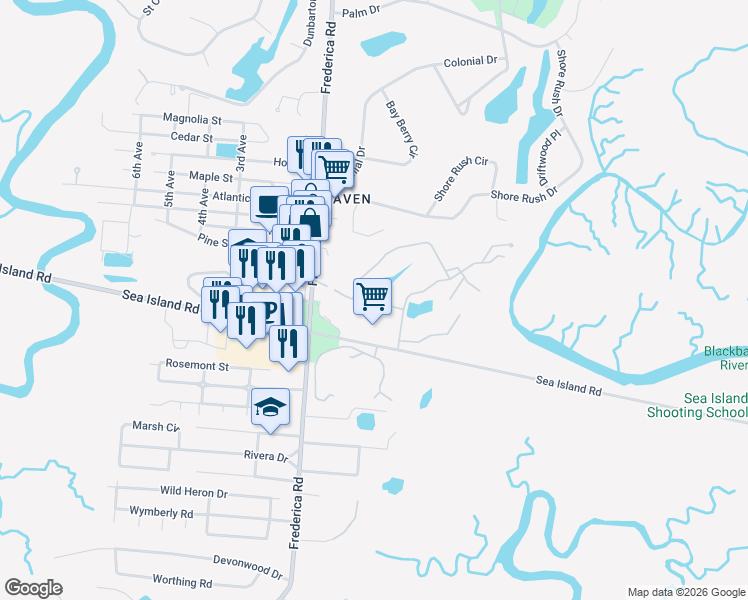 map of restaurants, bars, coffee shops, grocery stores, and more near 15 Plantation Way in Saint Simons Island