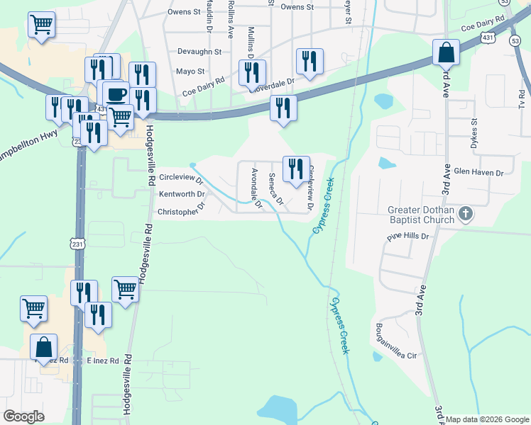 map of restaurants, bars, coffee shops, grocery stores, and more near 1299 Avondale Dr in Dothan