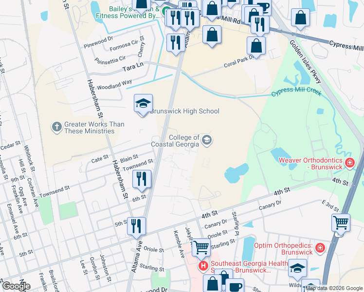 map of restaurants, bars, coffee shops, grocery stores, and more near College Drive in Brunswick