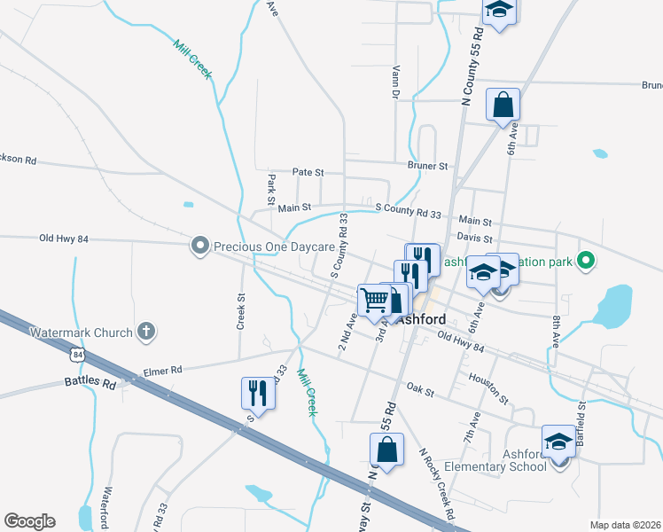 map of restaurants, bars, coffee shops, grocery stores, and more near 403 1st Avenue in Ashford