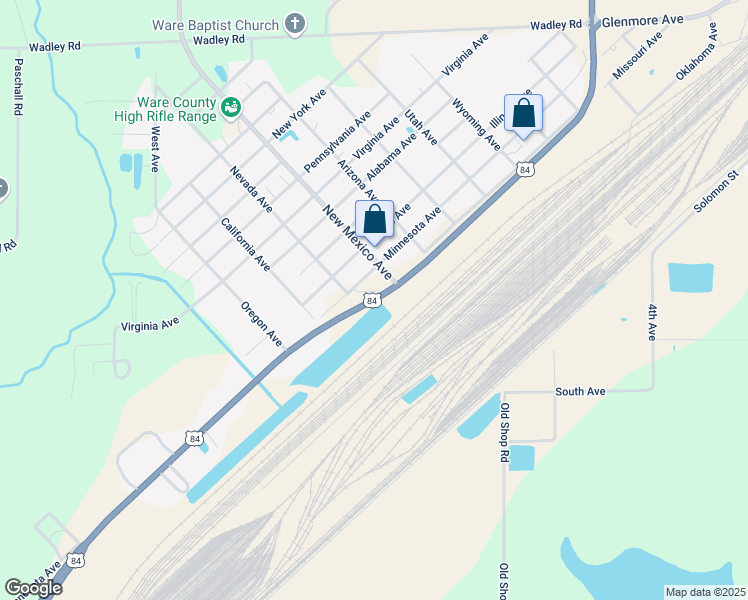 map of restaurants, bars, coffee shops, grocery stores, and more near Valdosta Highway in Waycross