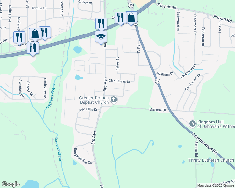 map of restaurants, bars, coffee shops, grocery stores, and more near 2211 Shannondoah Drive in Dothan
