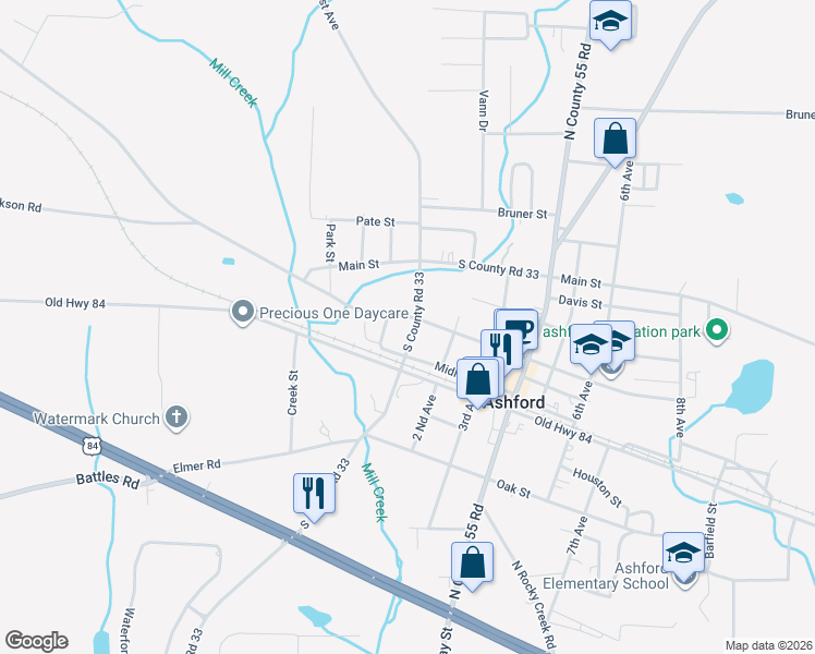 map of restaurants, bars, coffee shops, grocery stores, and more near 403 1st Ave in Ashford