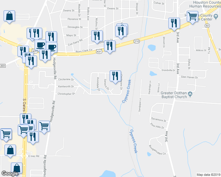 map of restaurants, bars, coffee shops, grocery stores, and more near 1215 Seneca Drive in Dothan