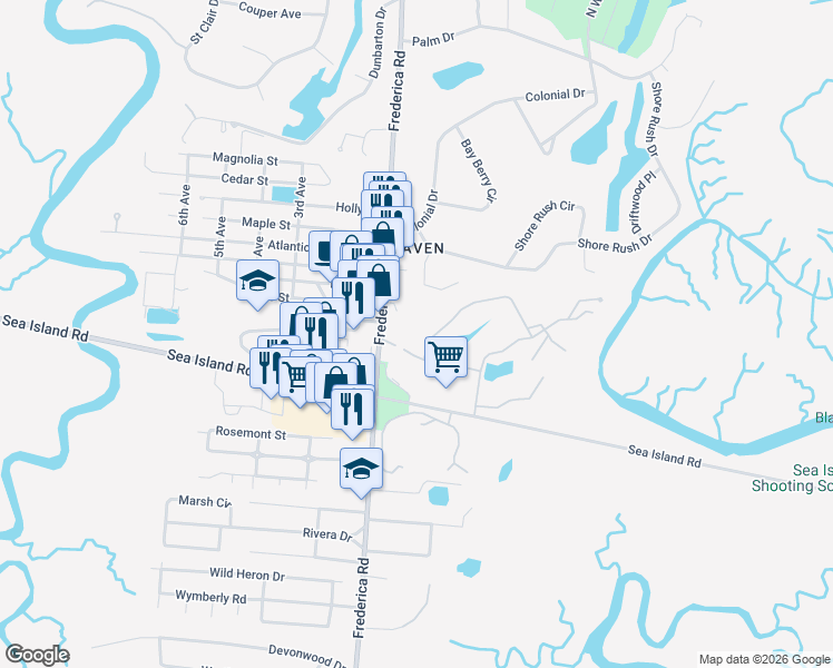 map of restaurants, bars, coffee shops, grocery stores, and more near 13-15 Plantation Way in Saint Simons Island