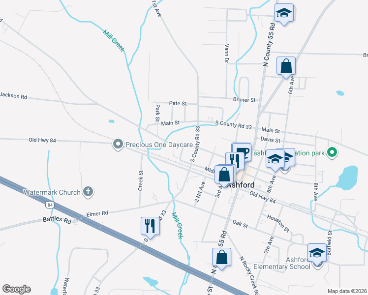 map of restaurants, bars, coffee shops, grocery stores, and more near 0 Ashford Road in Ashford