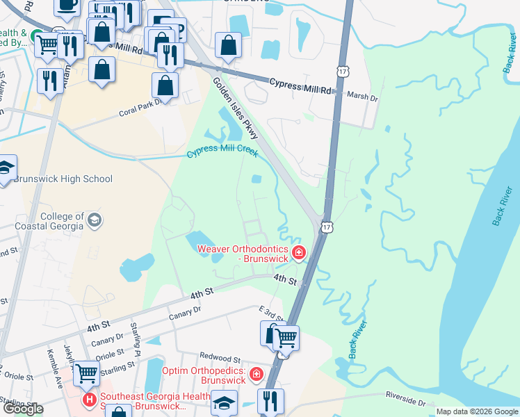 map of restaurants, bars, coffee shops, grocery stores, and more near 3424 Trout Street in Brunswick