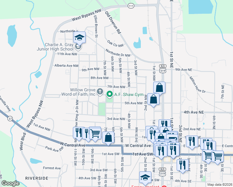 map of restaurants, bars, coffee shops, grocery stores, and more near 614 5th Street Northwest in Moultrie