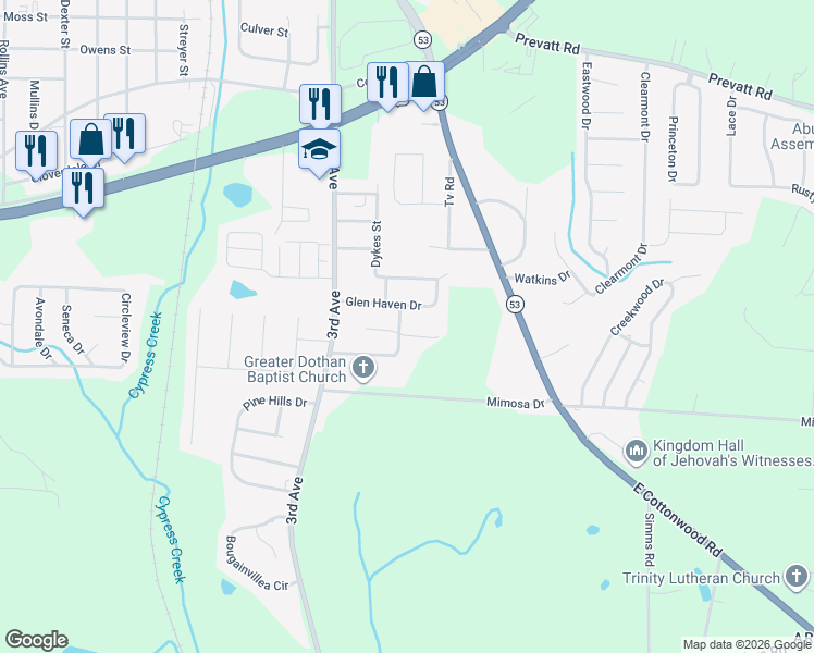 map of restaurants, bars, coffee shops, grocery stores, and more near 2300 Shannondoah Drive in Dothan