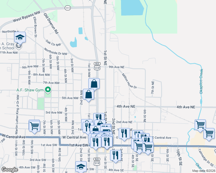 map of restaurants, bars, coffee shops, grocery stores, and more near 700 1st Street Northeast in Moultrie