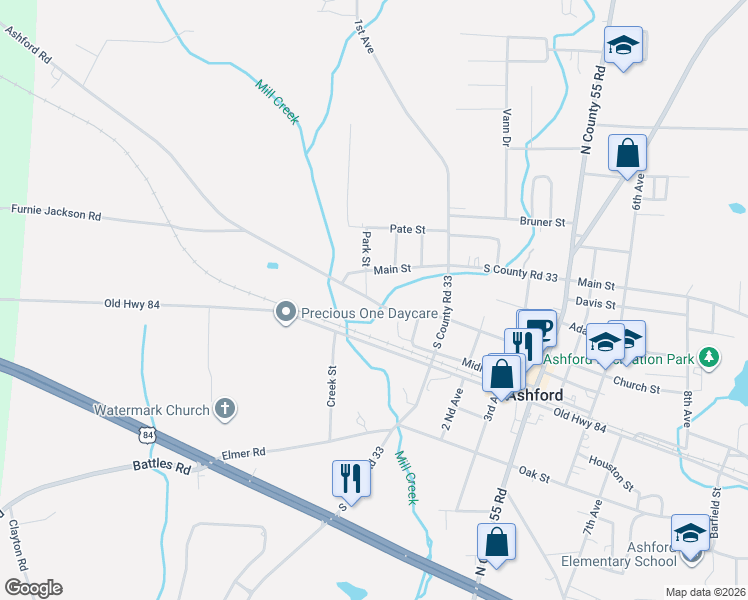 map of restaurants, bars, coffee shops, grocery stores, and more near 2355 Ashford Road in Ashford