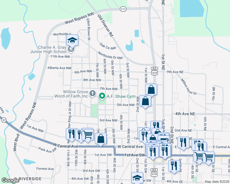 map of restaurants, bars, coffee shops, grocery stores, and more near 614 5th Street Northwest in Moultrie