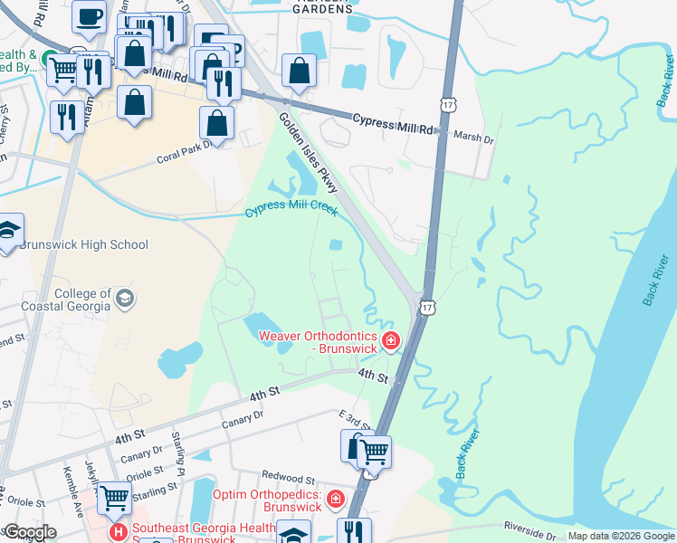 map of restaurants, bars, coffee shops, grocery stores, and more near 3424 Trout Street in Brunswick