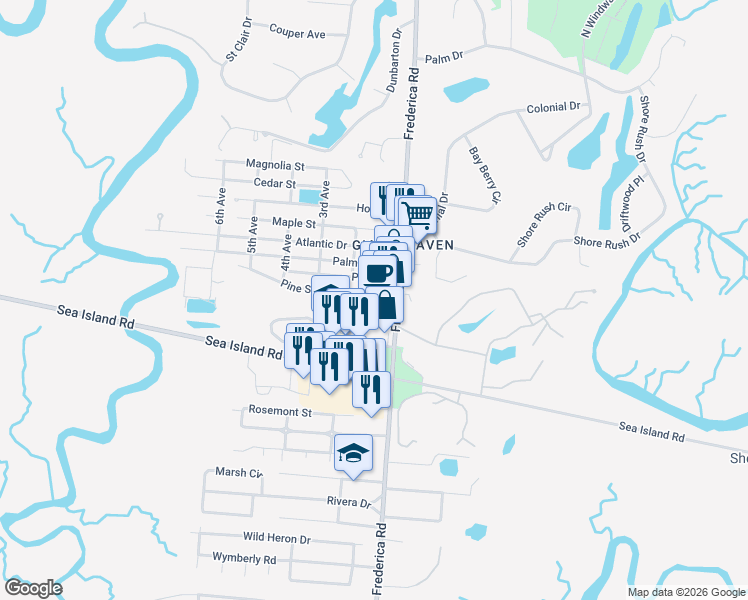 map of restaurants, bars, coffee shops, grocery stores, and more near Sylvan Blvd in St Simons