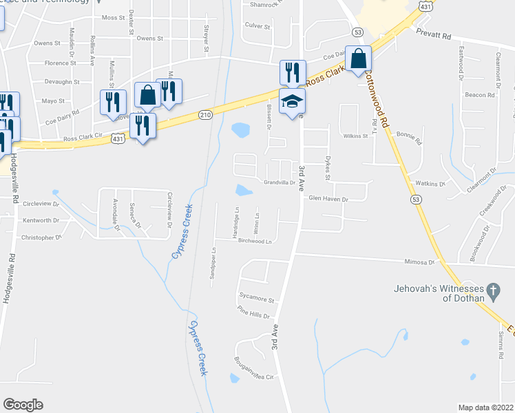 map of restaurants, bars, coffee shops, grocery stores, and more near 120 Wrinn Lane in Dothan