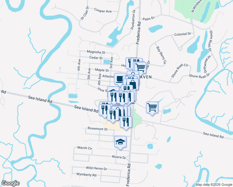 map of restaurants, bars, coffee shops, grocery stores, and more near 205 Pine Street in St. Simons Island
