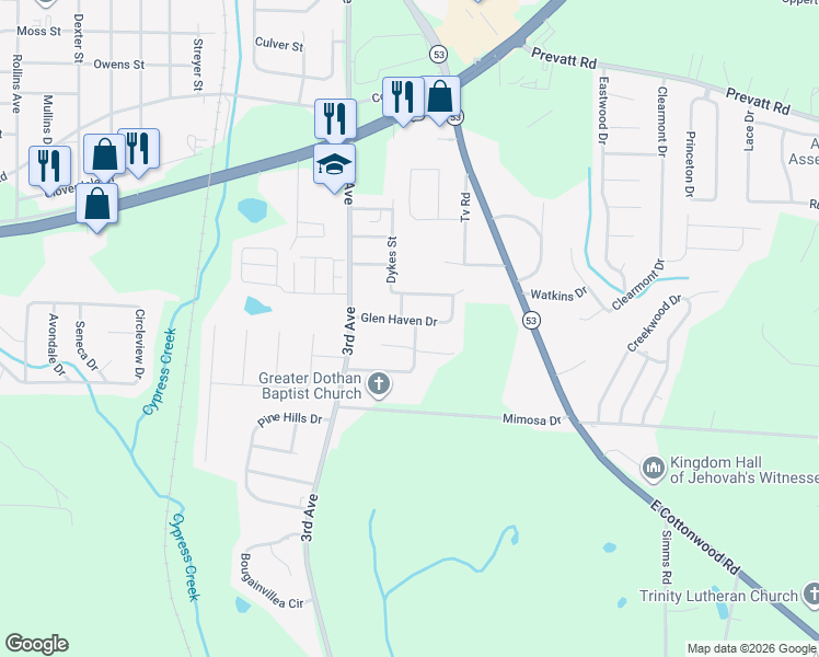 map of restaurants, bars, coffee shops, grocery stores, and more near 2300 Shannondoah Drive in Dothan