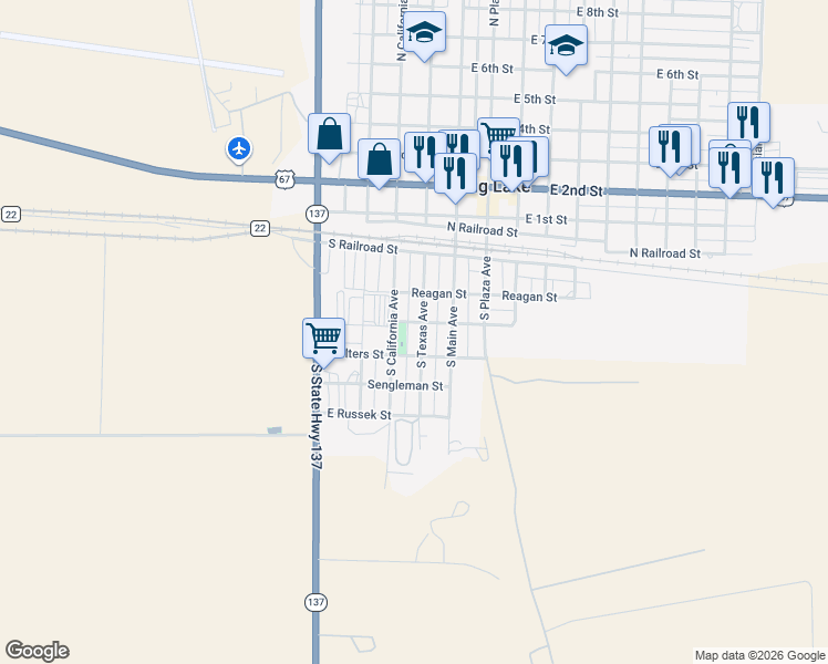 map of restaurants, bars, coffee shops, grocery stores, and more near 401-499 South Texas Avenue in Big Lake
