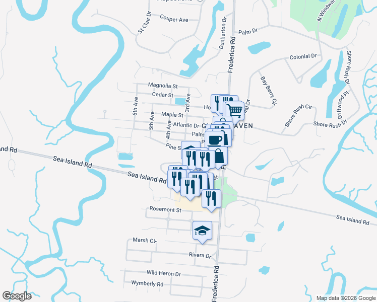 map of restaurants, bars, coffee shops, grocery stores, and more near 205 Pine Street in St. Simons Island