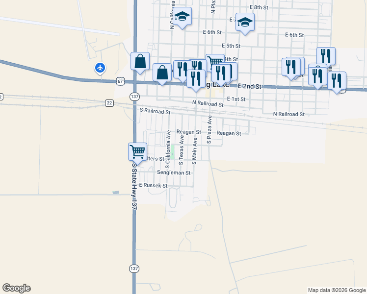 map of restaurants, bars, coffee shops, grocery stores, and more near 401 South Texas Avenue in Big Lake