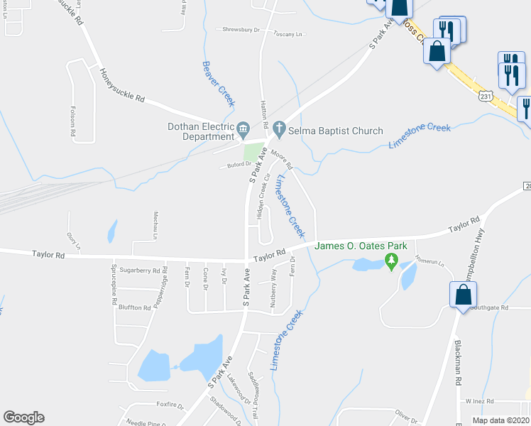 map of restaurants, bars, coffee shops, grocery stores, and more near 201 Hidden Creek Circle in Dothan