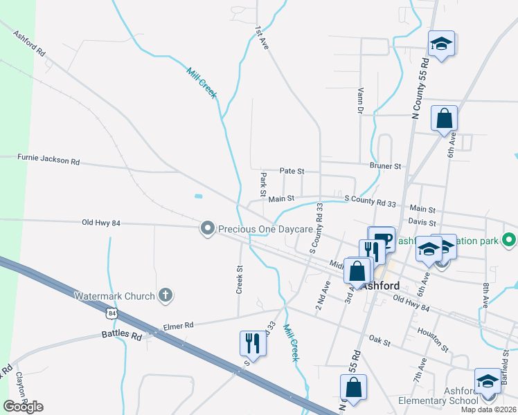 map of restaurants, bars, coffee shops, grocery stores, and more near 2355 Ashford Road in Ashford