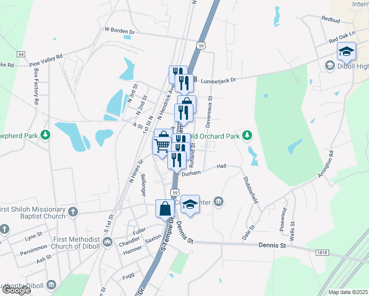map of restaurants, bars, coffee shops, grocery stores, and more near in Diboll
