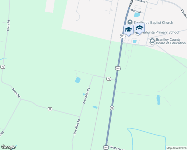 map of restaurants, bars, coffee shops, grocery stores, and more near County Road 70 in Nahunta