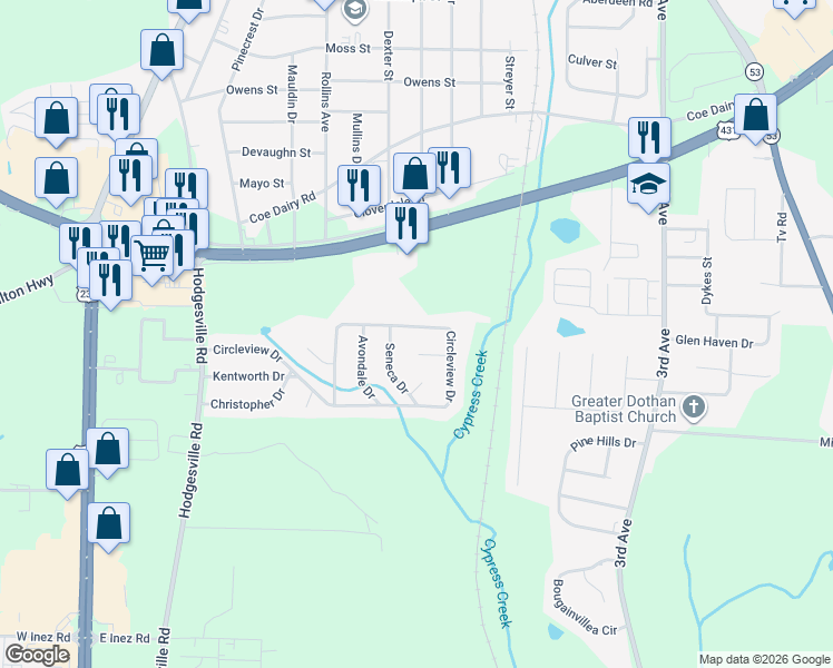 map of restaurants, bars, coffee shops, grocery stores, and more near 1014 Circleview Dr in Dothan