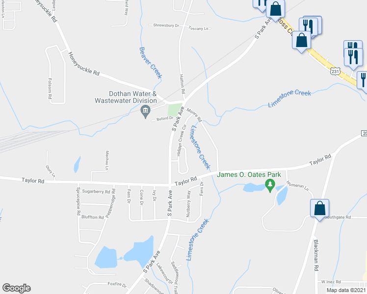 map of restaurants, bars, coffee shops, grocery stores, and more near 2012 Hidden Creek Circle in Dothan