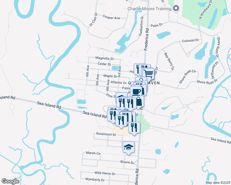 map of restaurants, bars, coffee shops, grocery stores, and more near 303 Palm Street in Saint Simons Island