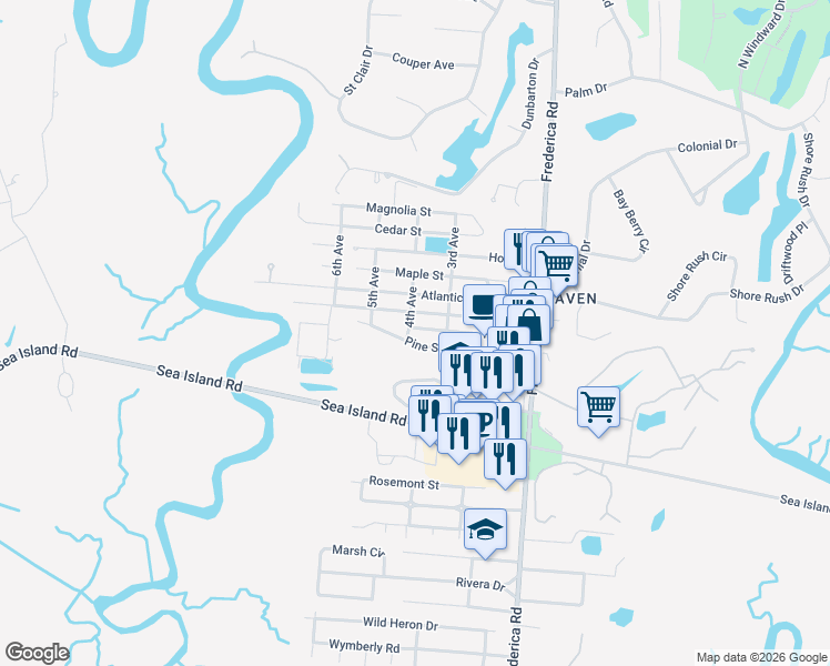 map of restaurants, bars, coffee shops, grocery stores, and more near 313 Palmetto Street in St. Simons