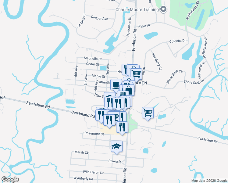 map of restaurants, bars, coffee shops, grocery stores, and more near 210 Palmetto Street in St. Simons Island