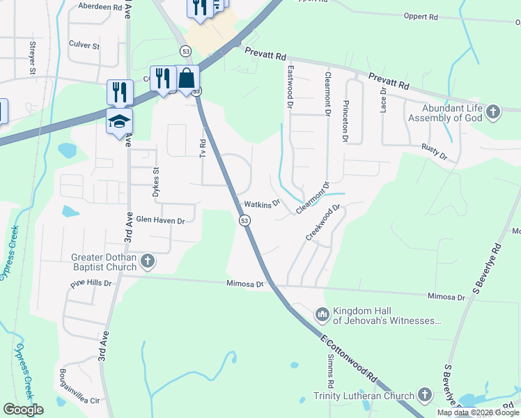 map of restaurants, bars, coffee shops, grocery stores, and more near 109 Watkins Drive in Dothan