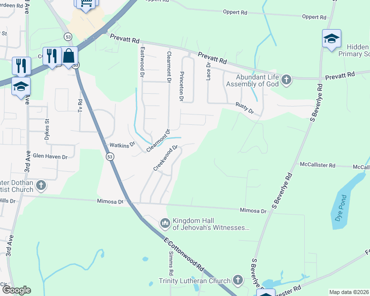map of restaurants, bars, coffee shops, grocery stores, and more near 2423 Creekwood Drive in Dothan