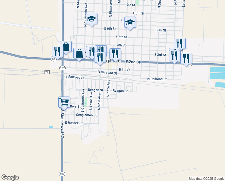 map of restaurants, bars, coffee shops, grocery stores, and more near 501-609 South Reagan Street in Big Lake