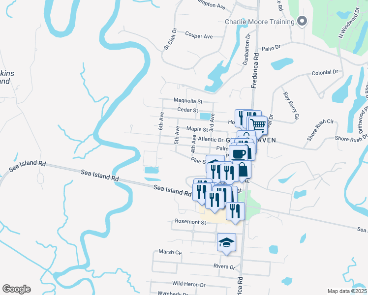 map of restaurants, bars, coffee shops, grocery stores, and more near 415 Palmetto Street in Saint Simons Island