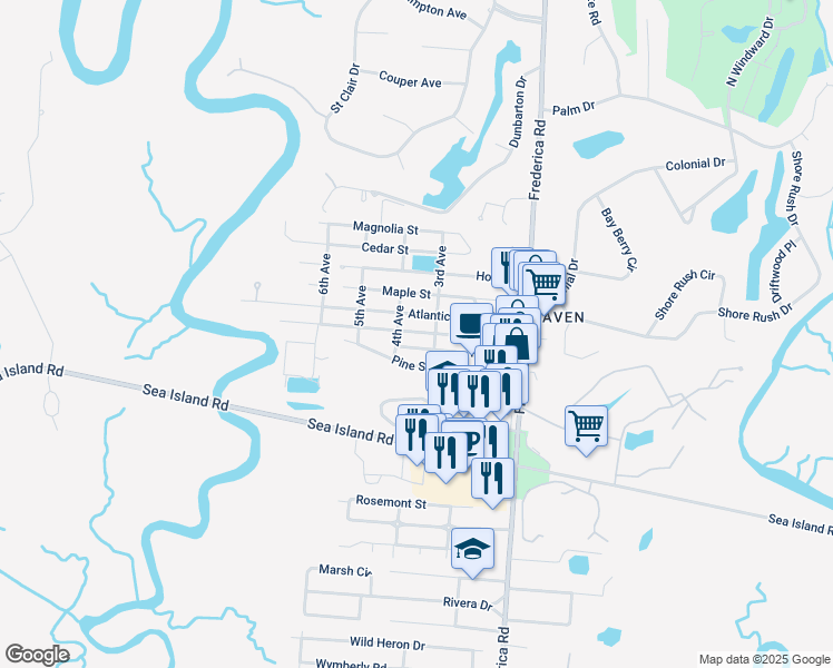 map of restaurants, bars, coffee shops, grocery stores, and more near 313 Palmetto St in St Simons