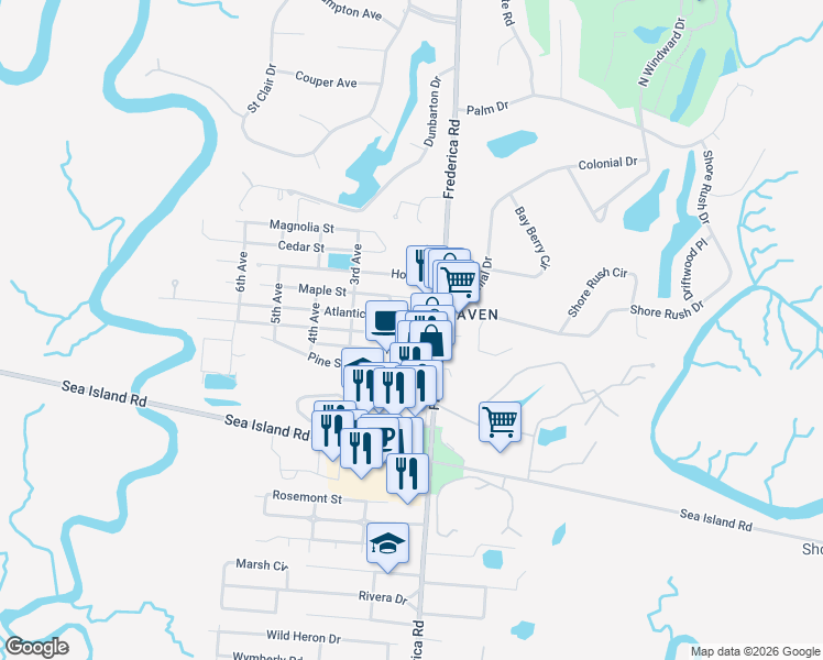 map of restaurants, bars, coffee shops, grocery stores, and more near 104 Palmetto Street in St. Simons Island