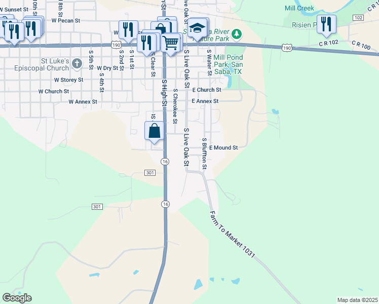 map of restaurants, bars, coffee shops, grocery stores, and more near 1007 Liveoak Street in San Saba