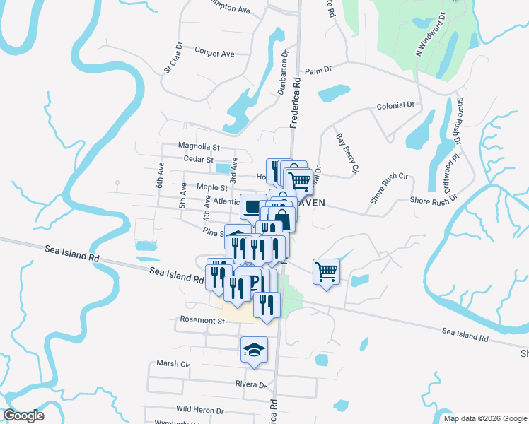 map of restaurants, bars, coffee shops, grocery stores, and more near 104 Palmetto Street in St. Simons Island