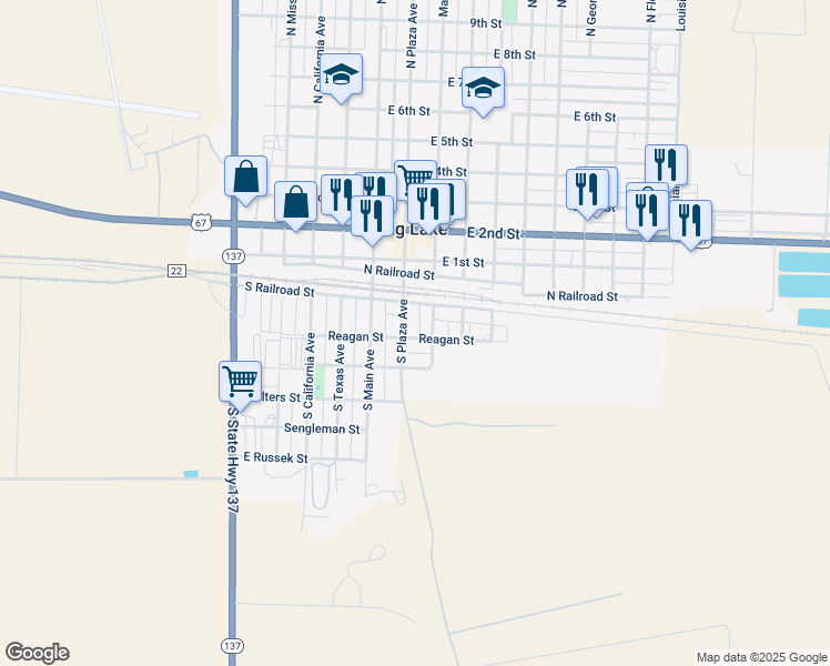 map of restaurants, bars, coffee shops, grocery stores, and more near 501 South Reagan Street in Big Lake