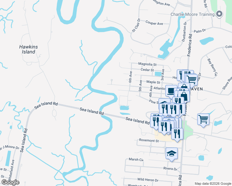 map of restaurants, bars, coffee shops, grocery stores, and more near 648 Palmetto Street in St. Simons Island